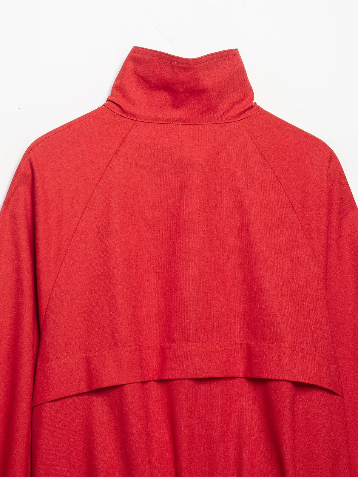 Red stand collar jacket outfit