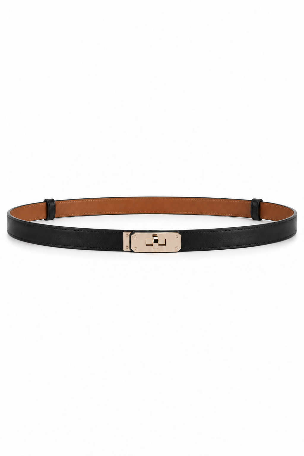 Slim turn-lock leather belt — Black Gold Buckle, front view on white background