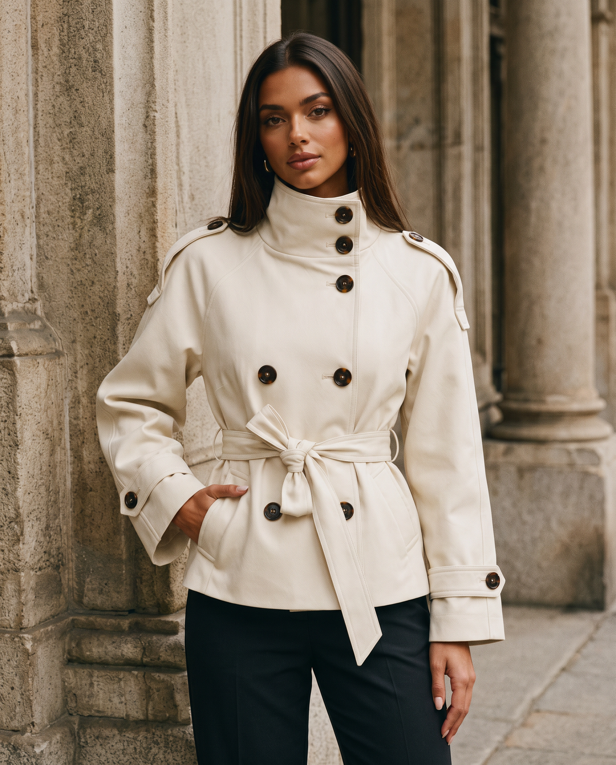 Double-Breasted Short Trench Coat
