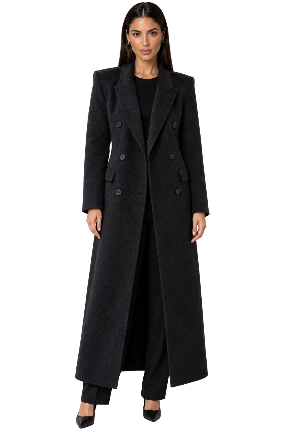 Fedevie model wearing black long wool-blend coat, front view