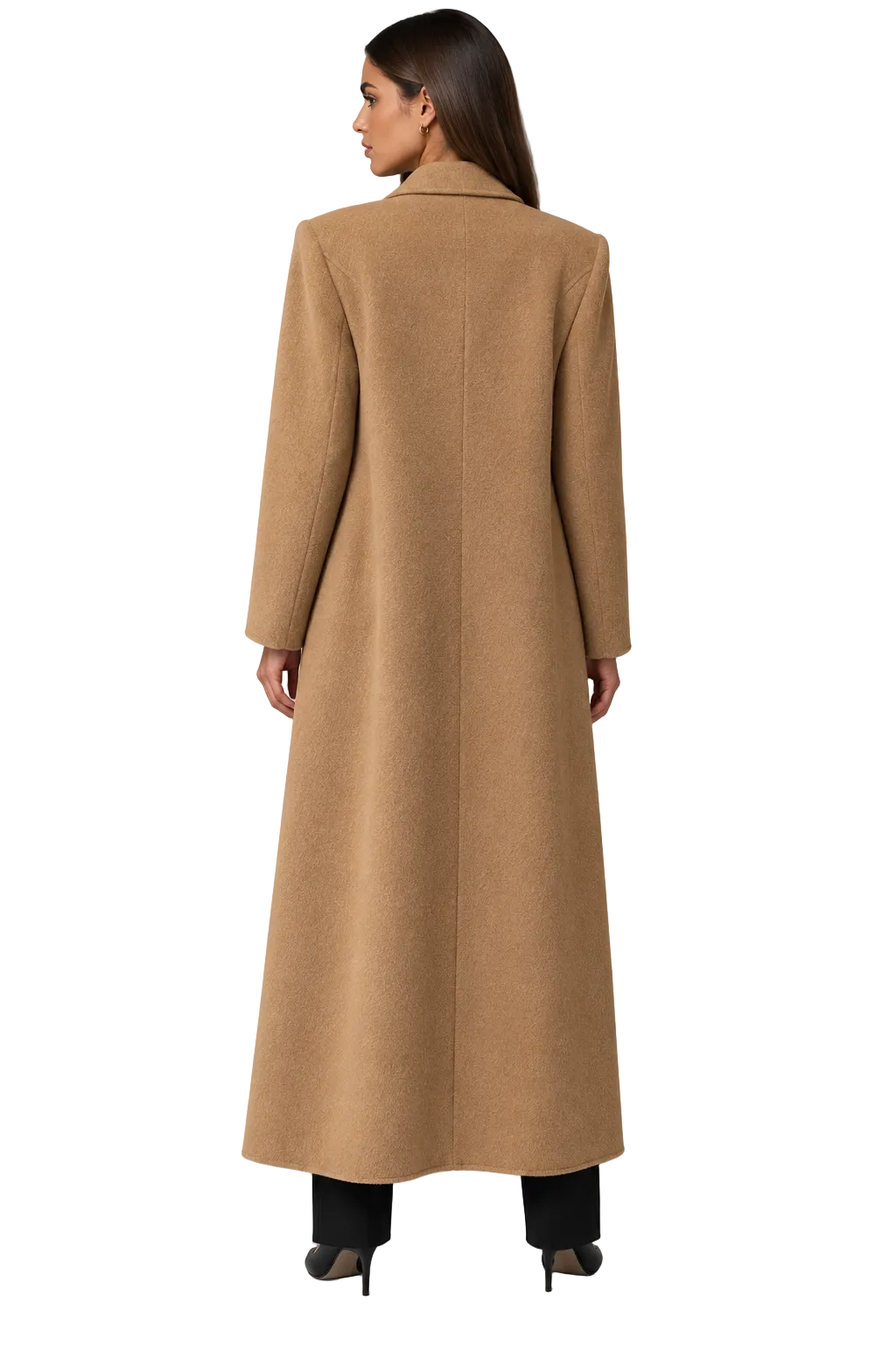 Fedevie model wearing long wool-blend coat, camel back