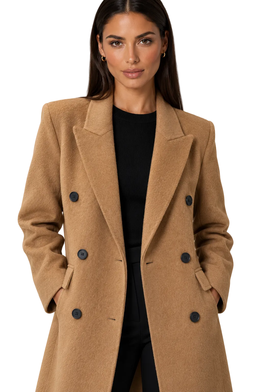 Fedevie model wearing long wool-blend coat, camel closeup