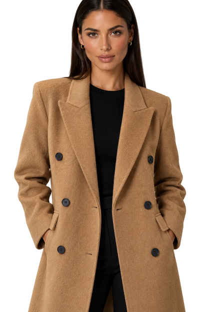 Fedevie model wearing long wool-blend coat, camel closeup