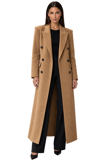 Fedevie model wearing long wool-blend coat, camel front