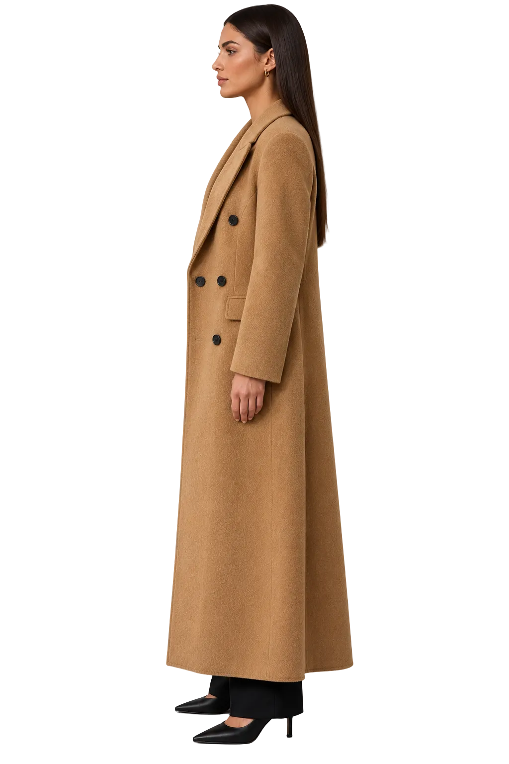 Fedevie model wearing long wool-blend coat, camel side