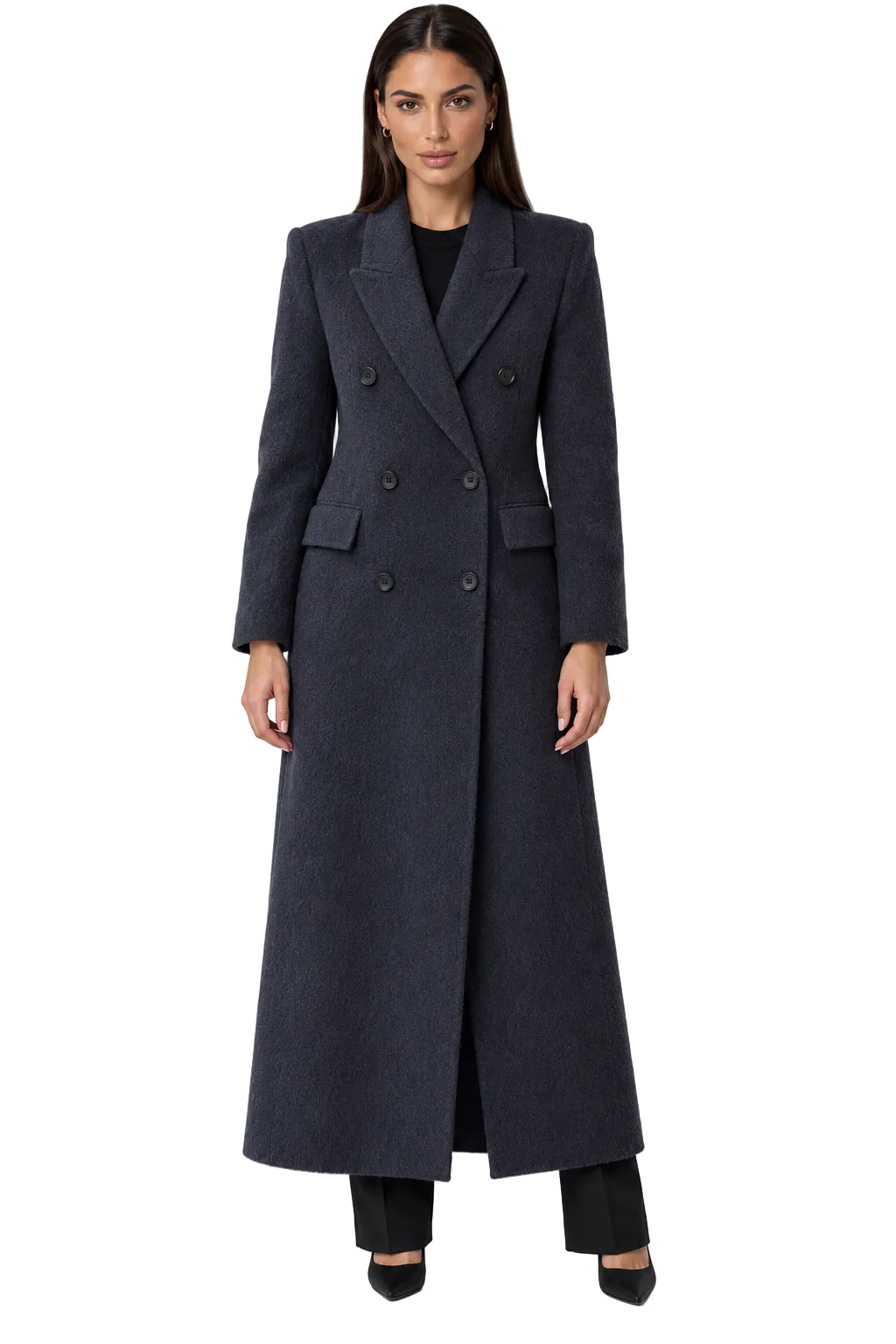 Fedevie model wearing long wool-blend coat, dark gray front