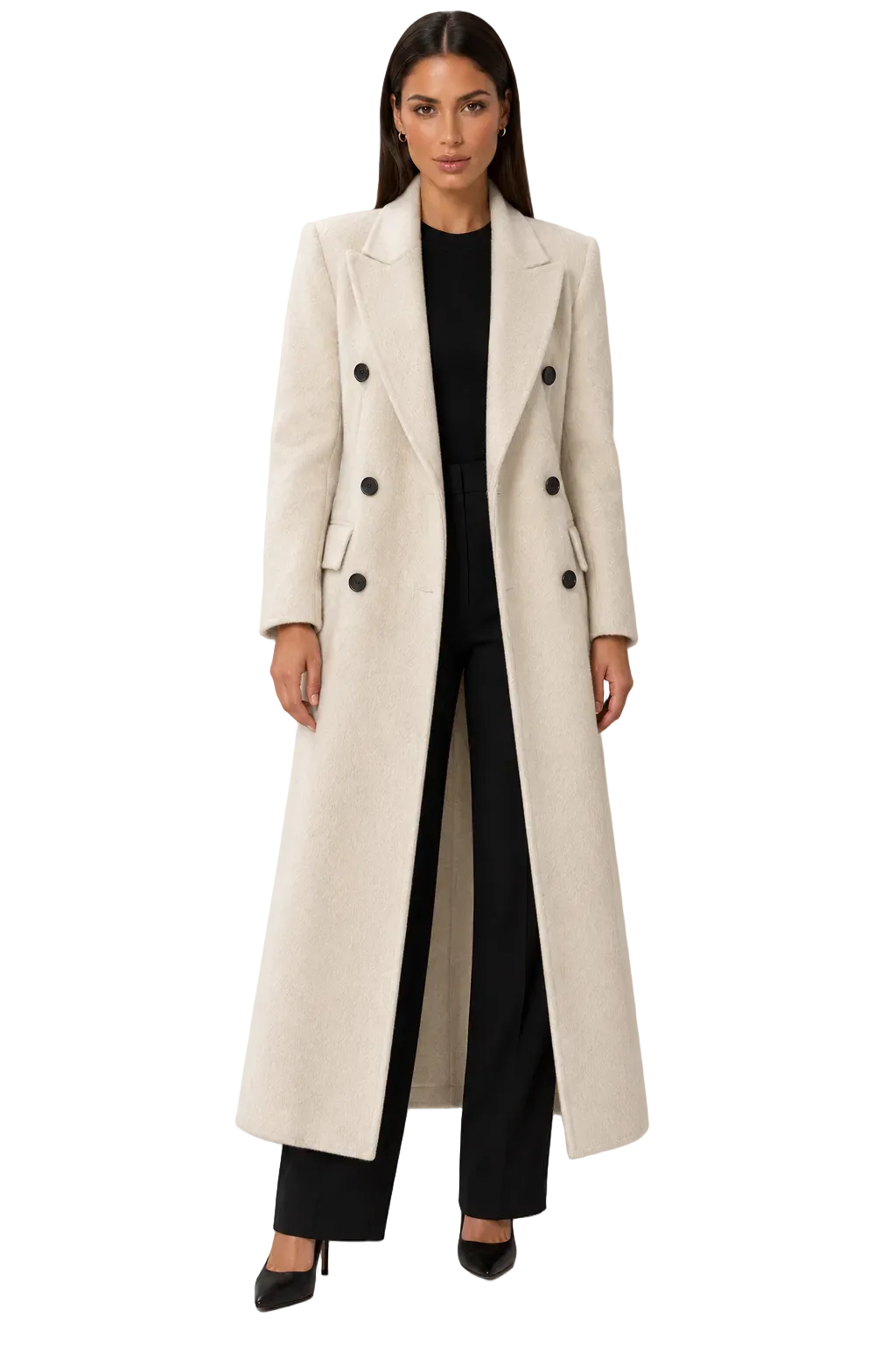Fedevie model wearing long wool-blend coat, off white front