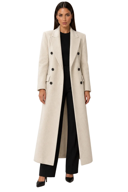 Fedevie model wearing long wool-blend coat, off white front