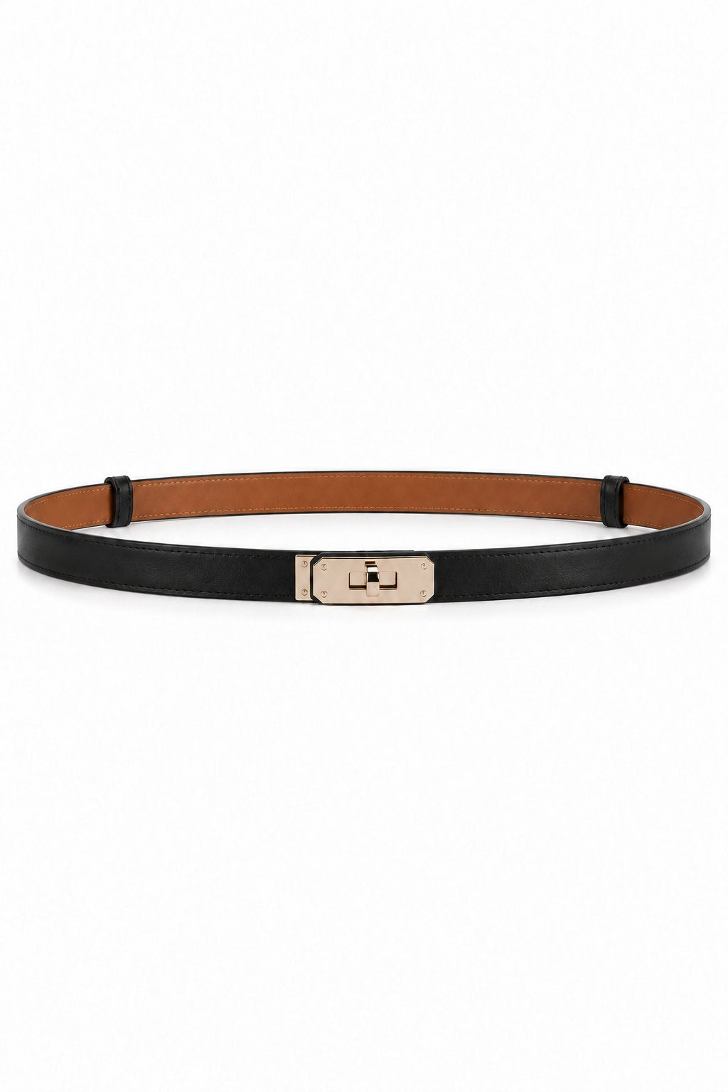 Slim turn-lock leather belt — Black Gold Buckle, front view on white background