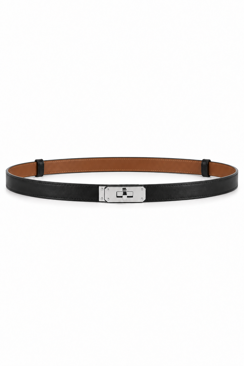 Slim turn-lock leather belt — Black Silver Buckle, front view on white background
