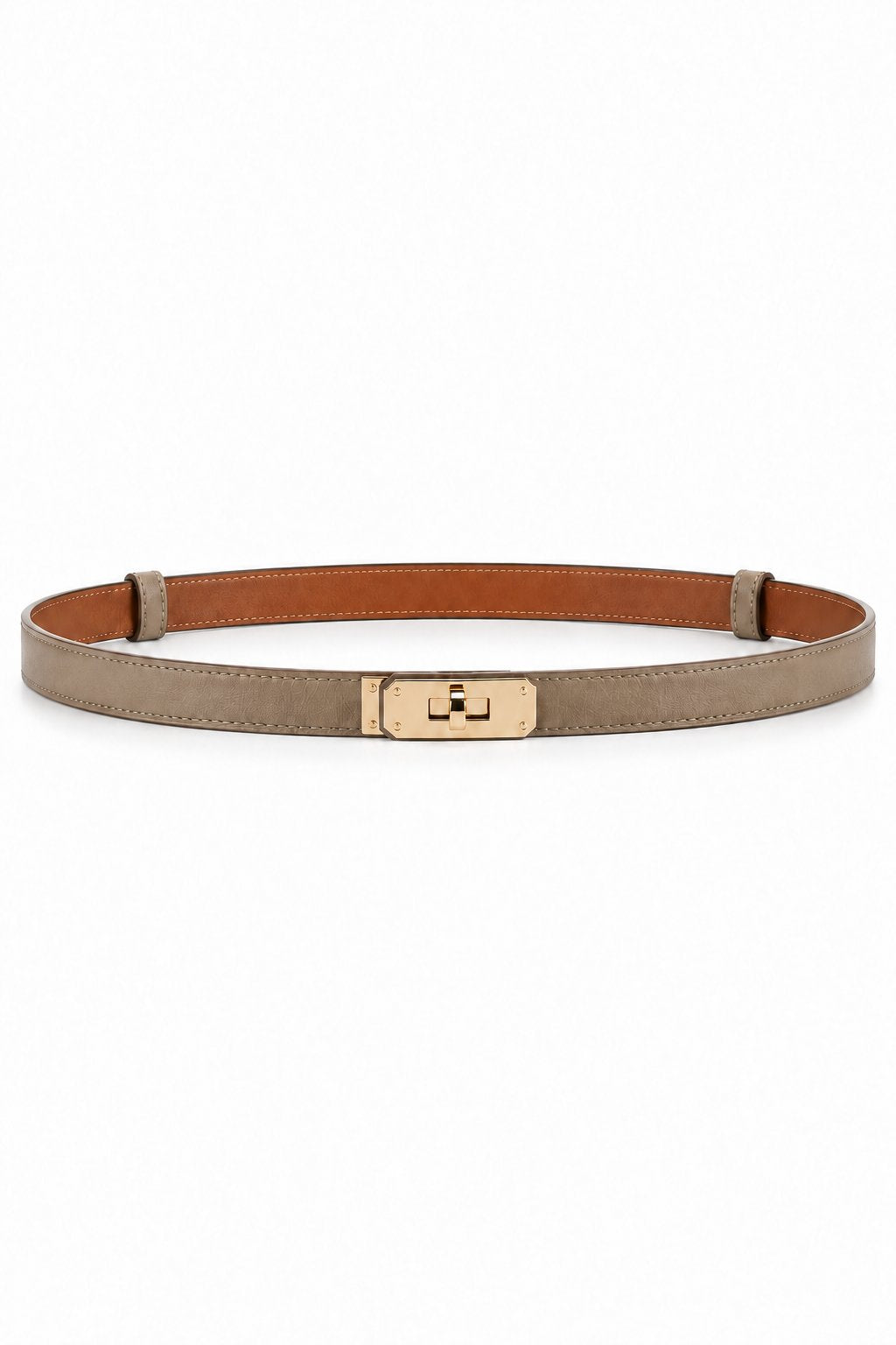 Slim turn-lock leather belt — Khaki Gold Buckle, front view on white background