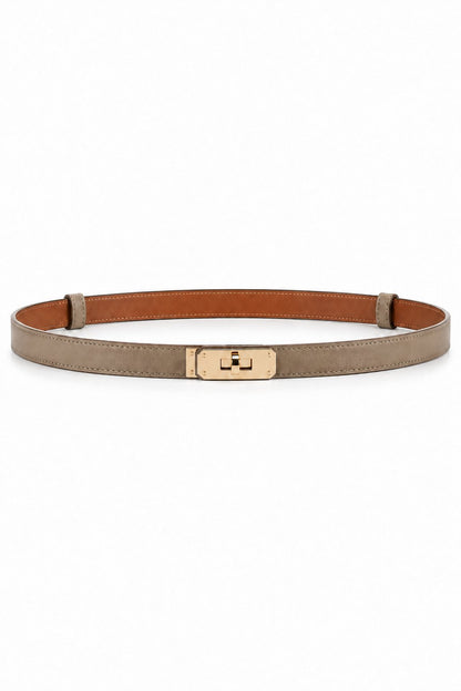 Slim turn-lock leather belt — Khaki Gold Buckle, front view on white background