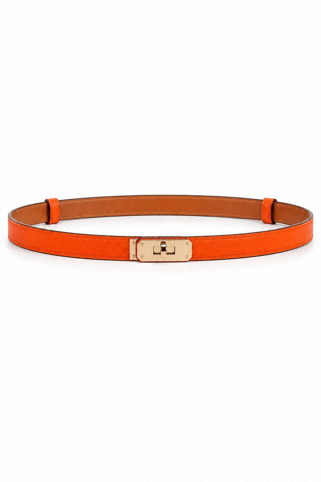 Slim turn-lock leather belt — Orange Gold Buckle, front view on white background