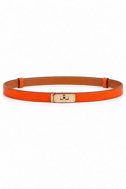 Slim turn-lock leather belt — Orange Gold Buckle, front view on white background