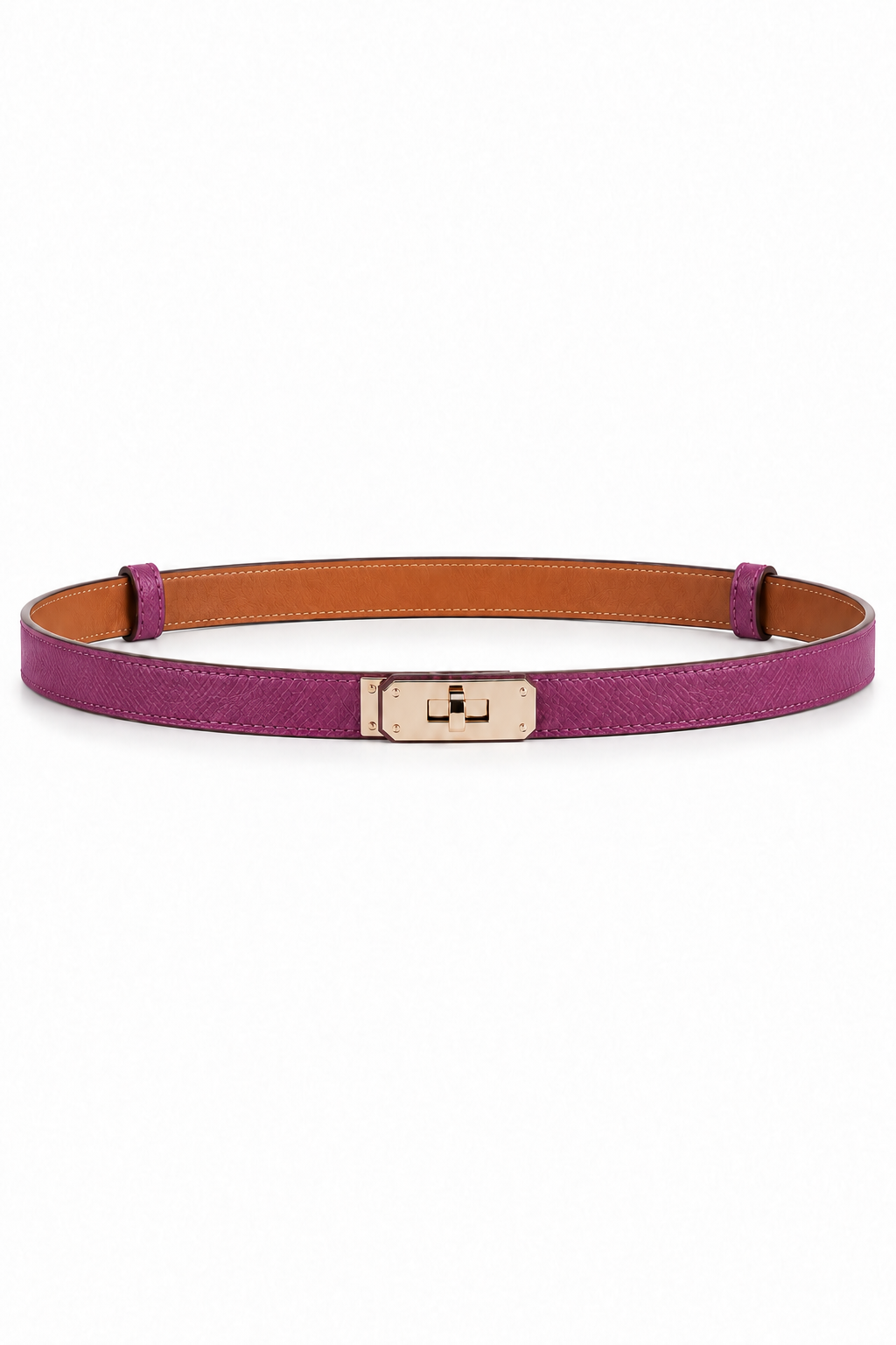 Slim turn-lock leather belt — Purple, front view on white background