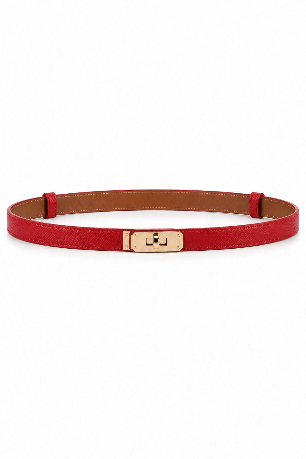 Slim turn-lock leather belt — Red Gold Buckle, front view on white background