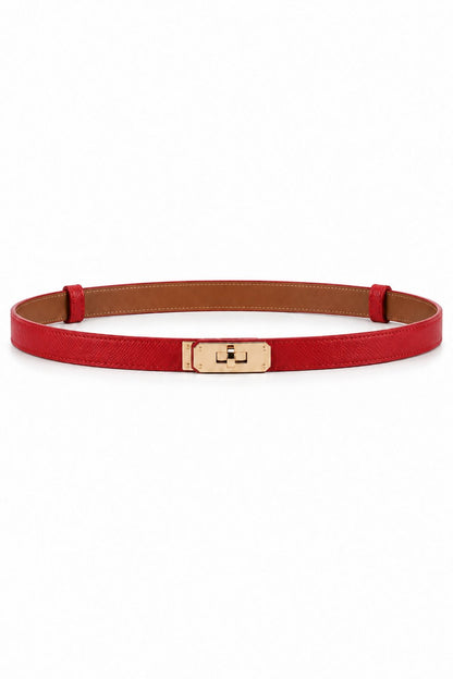 Slim turn-lock leather belt — Red Gold Buckle, front view on white background