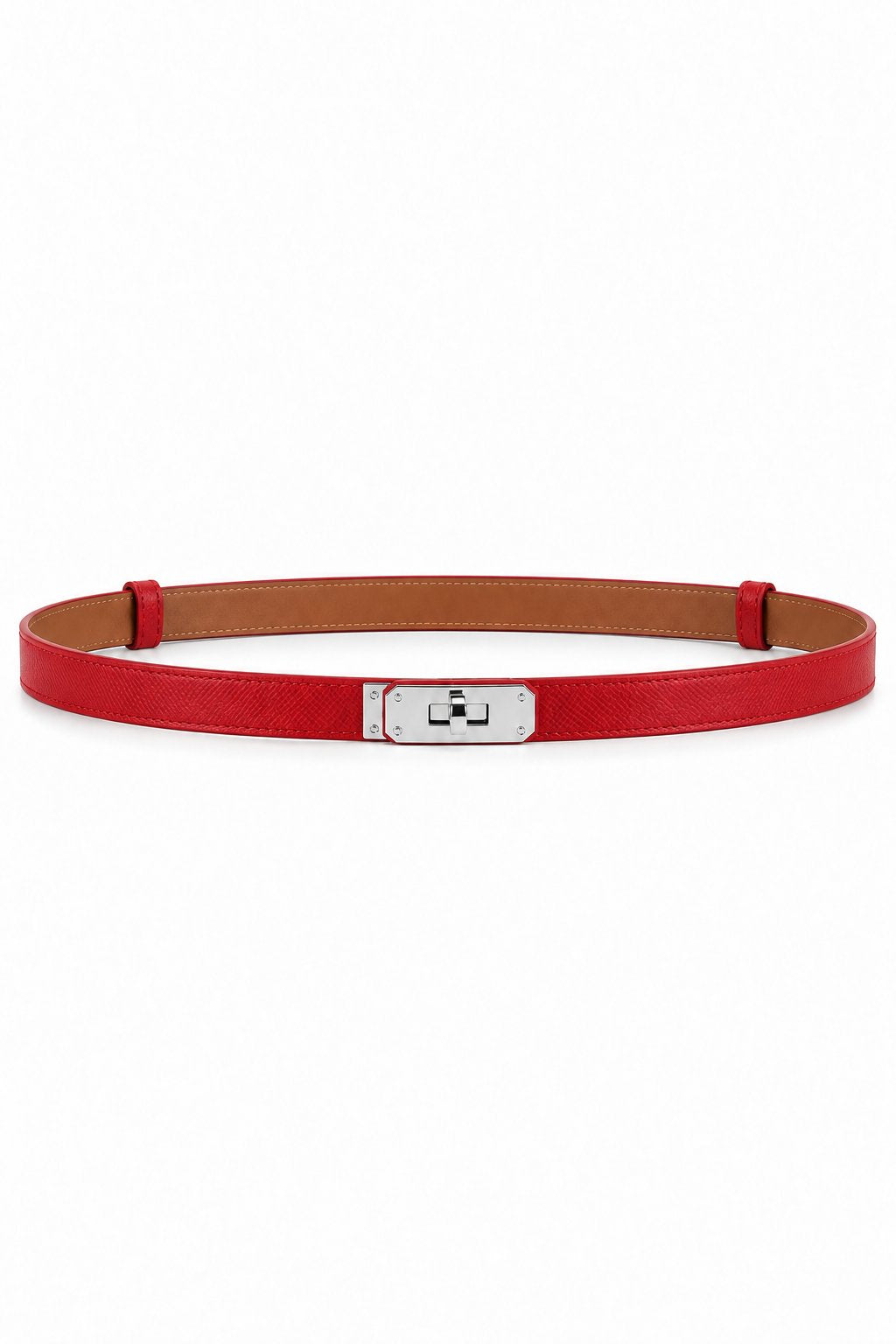 Slim turn-lock leather belt — Red Silver Buckle, front view on white background