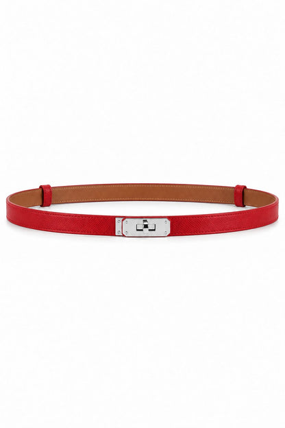 Slim turn-lock leather belt — Red Silver Buckle, front view on white background