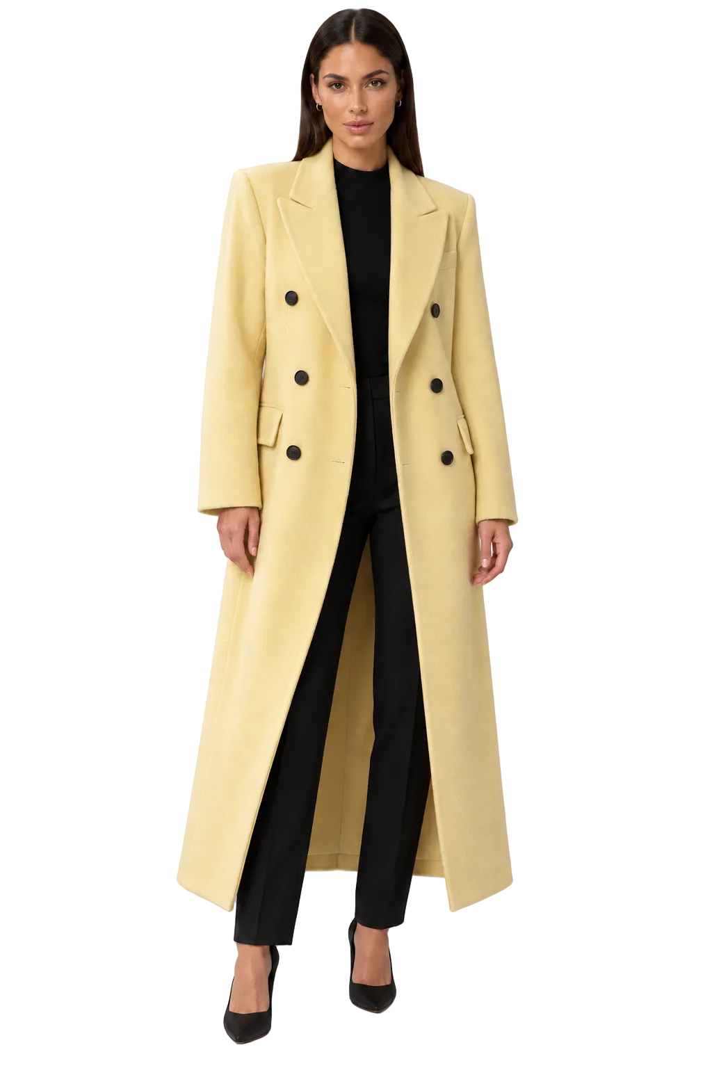 Fedevie model in pale yellow wool-blend coat with straight uncuffed sleeves, front view