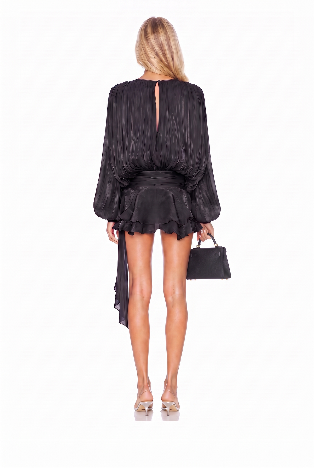 Kailey Chiffon Drape Balloon Sleeve Dress in black, model back view