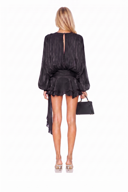 Kailey Chiffon Drape Balloon Sleeve Dress in black, model back view
